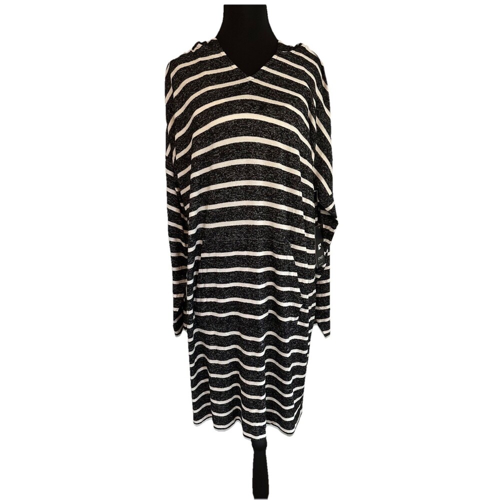 NWT Jones New York Black White Striped Tunic Hoodie Dress Pocket Woman’s Sz XL
